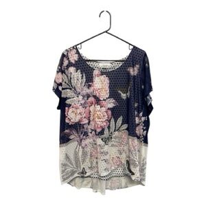 Y2K/Fairy Style Christopher & Banks Navy Floral & Butterfly Printed Blouse XL